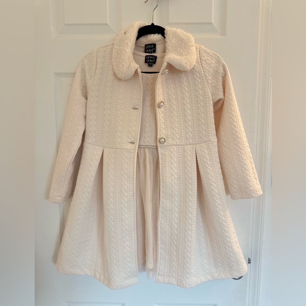 Pink & Violet Cream Quilted Girls' Dress with Coat with Faux Fur Collar
